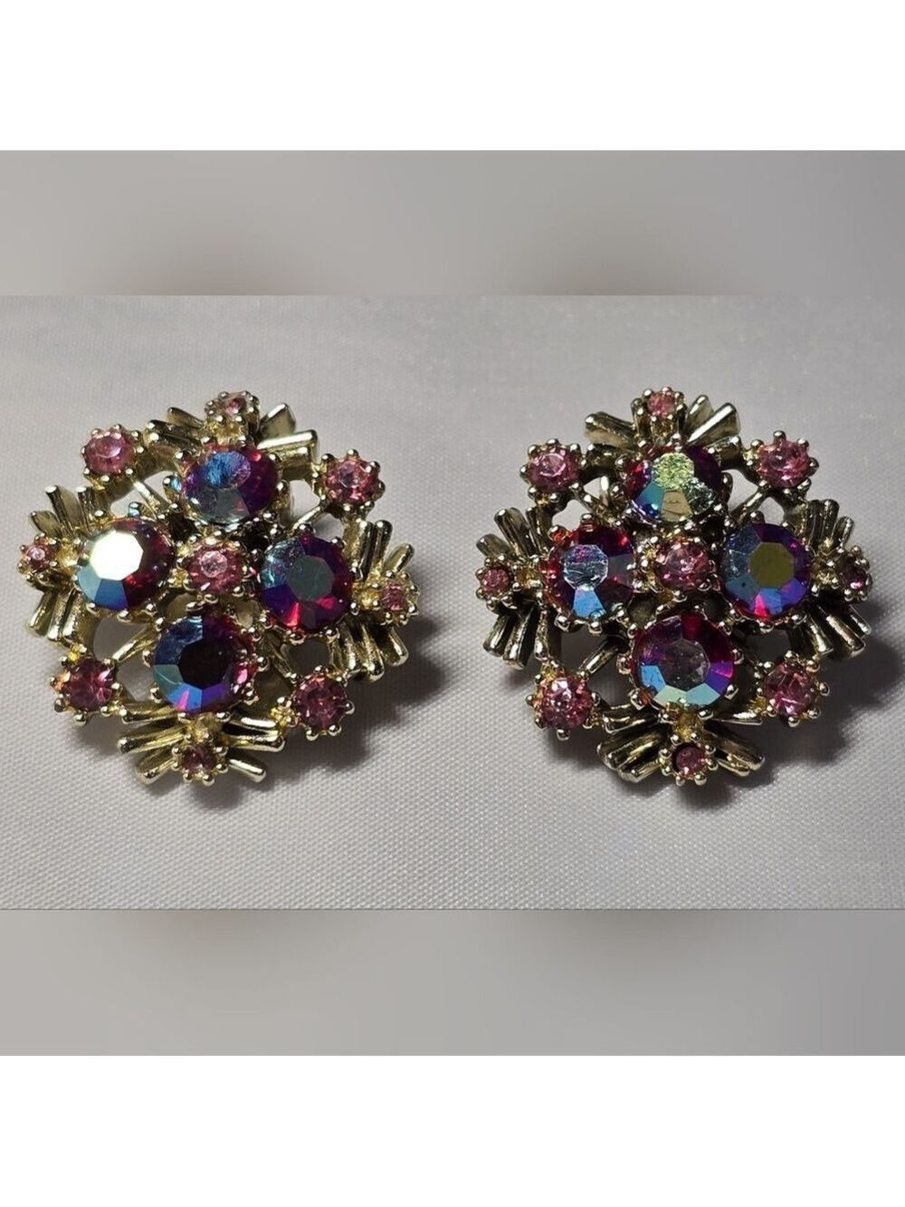 Gold and Pink Rhinestone Clip On  Earrings